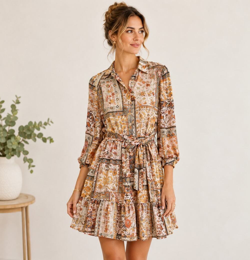 Daydream Patchwork Long Sleeve Mini Dress Women's Sz L Pink Ruffled Collar Boho